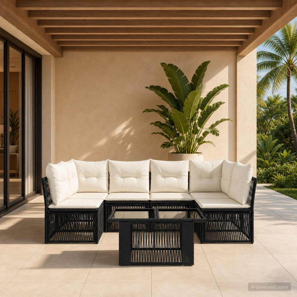 vidaXL Tuinbank Set 7 st Zwart poly rattan