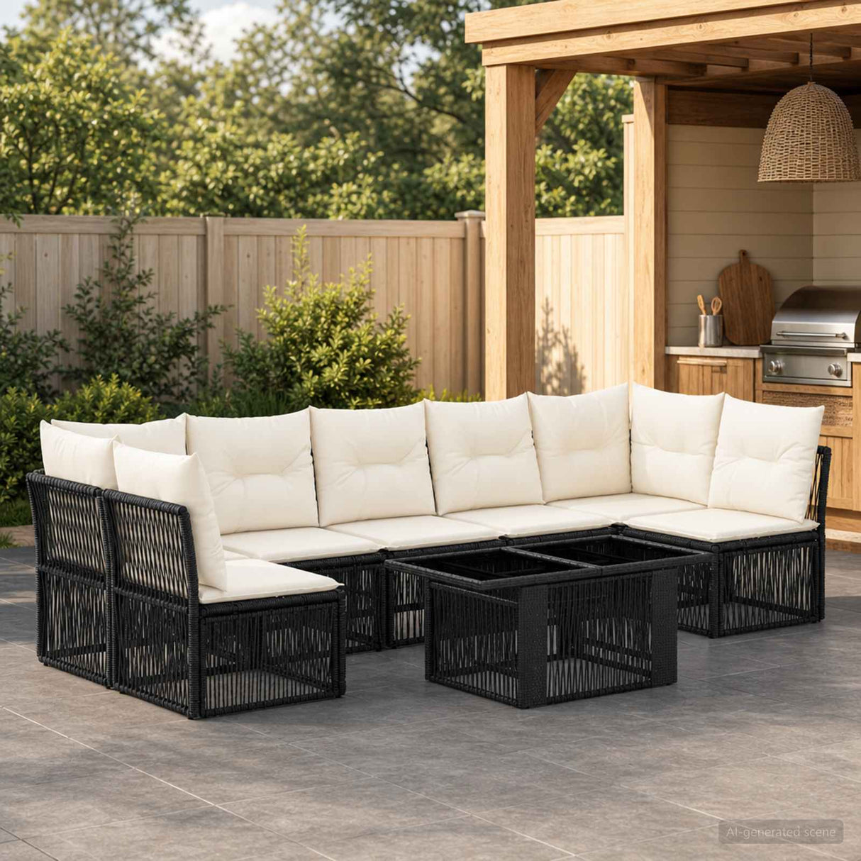vidaXL Garden Lounge Set 7 Pieces Black Poly Rattan