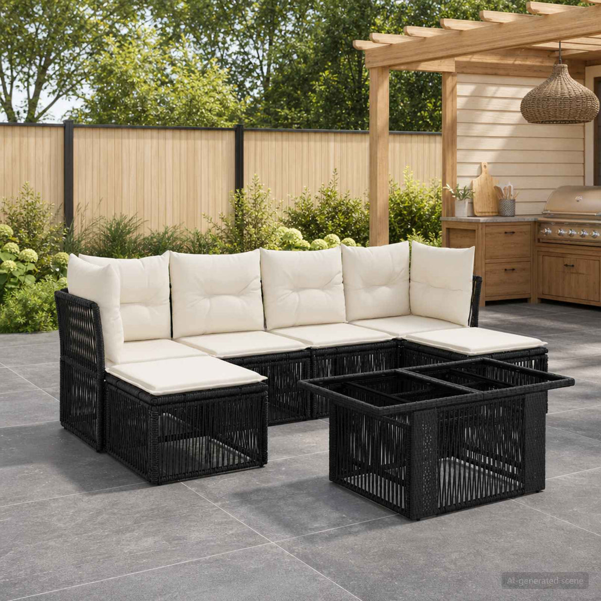 vidaXL Tuinbank Set 7 st Zwart poly rattan