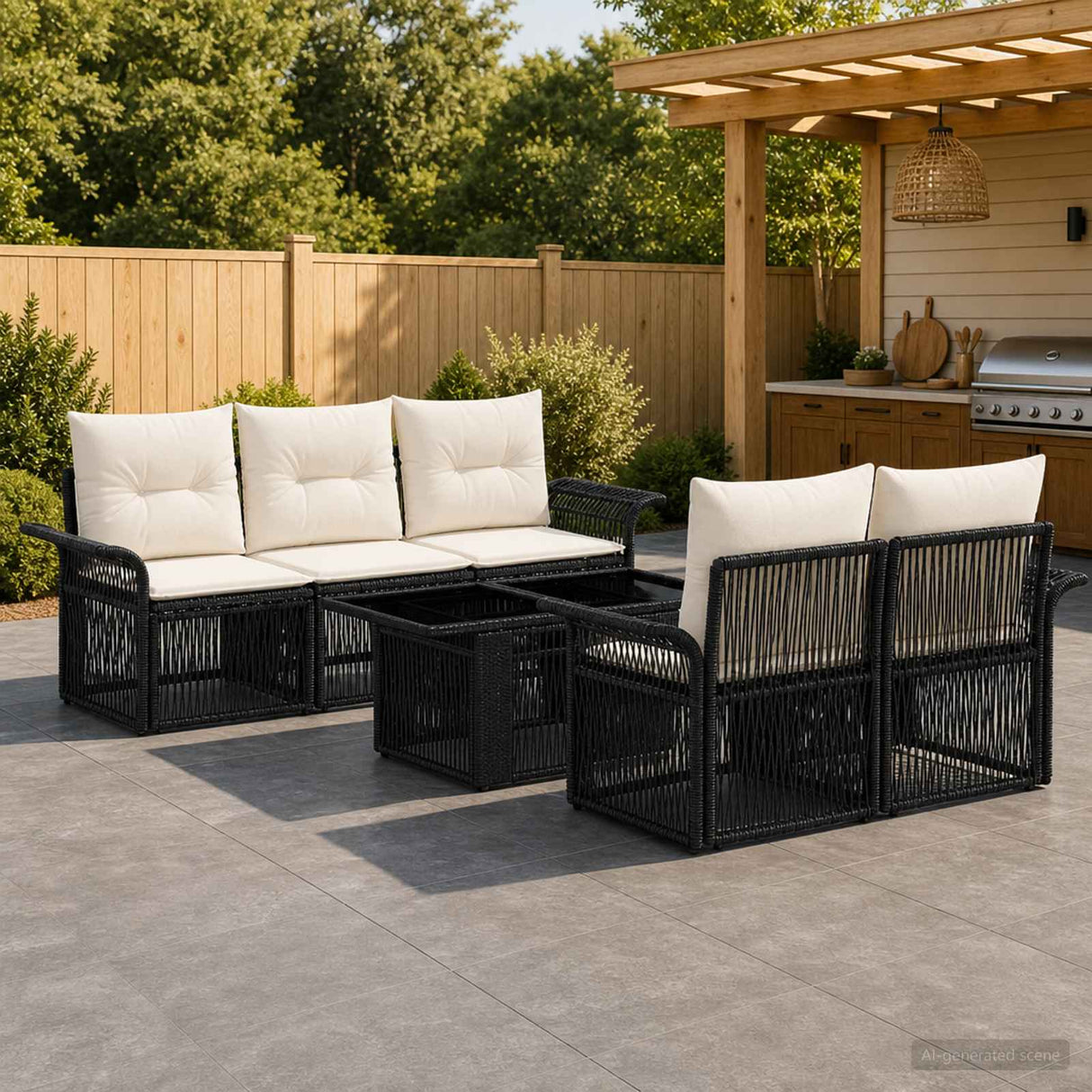 vidaXL Tuinbank Set 6 st Zwart en Crème Wit poly rattan