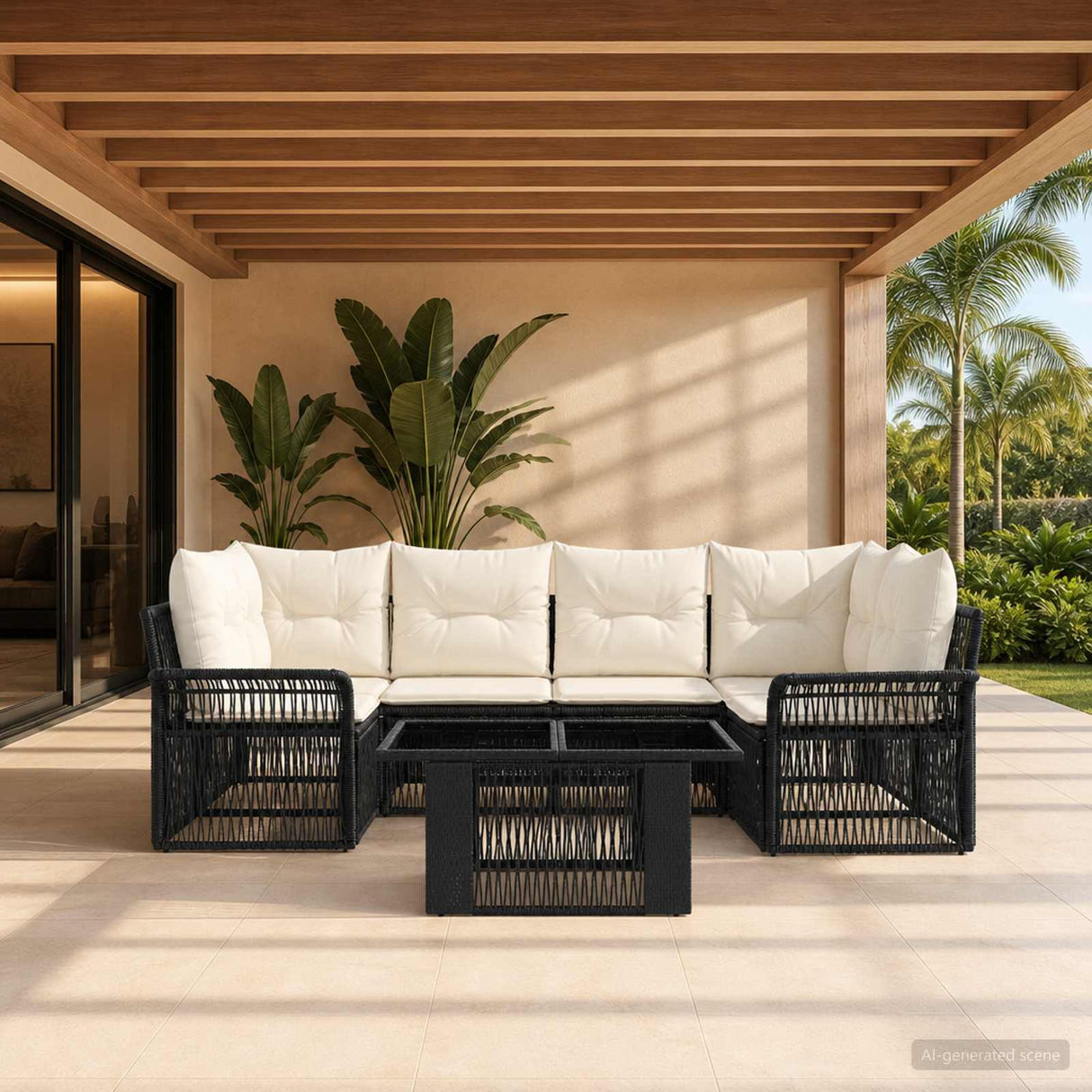 vidaXL Tuinbank Set 7 st Zwart en Crème Wit poly rattan