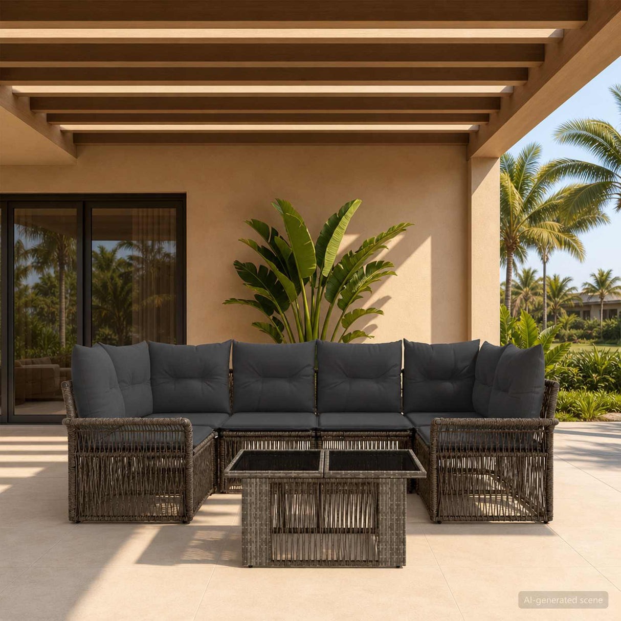 vidaXL Tuinbank Set 7 st Zwart en Crème Wit poly rattan