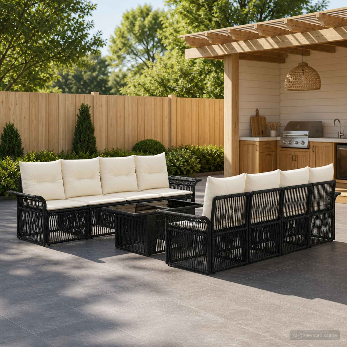 vidaXL Garden Bench Set 9 pcs Black and Cream White poly rattan