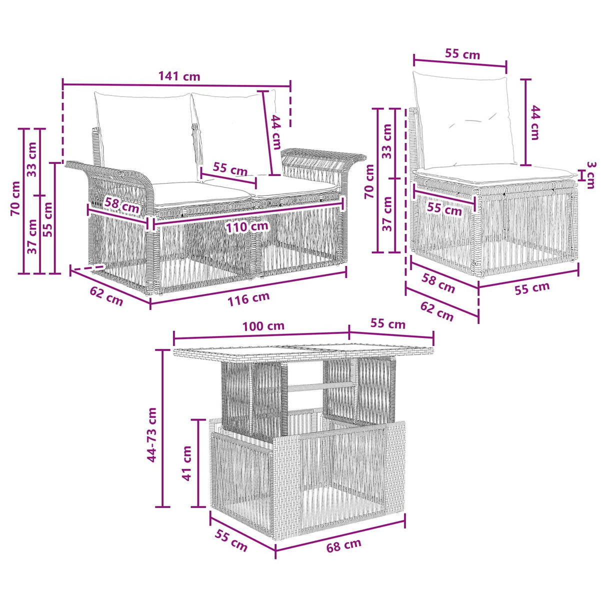 vidaXL Tuinbank Set 6 st Zwart en Crème Wit poly rattan