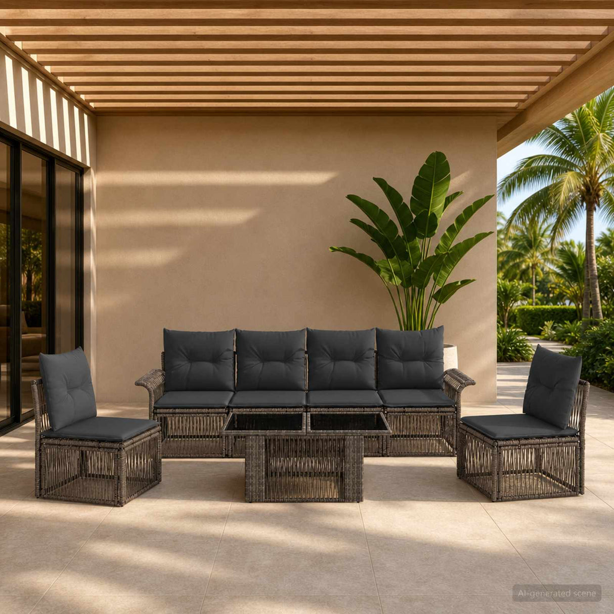 vidaXL Tuinbank Set 7 st Zwart en Crème Wit poly rattan