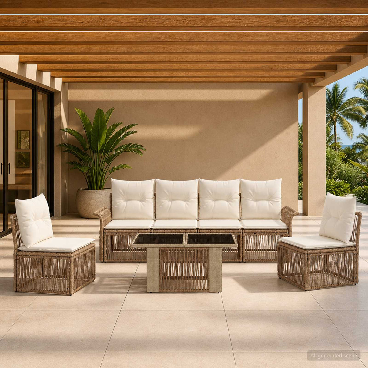 vidaXL Tuinbank Set 7 st Zwart en Crème Wit poly rattan