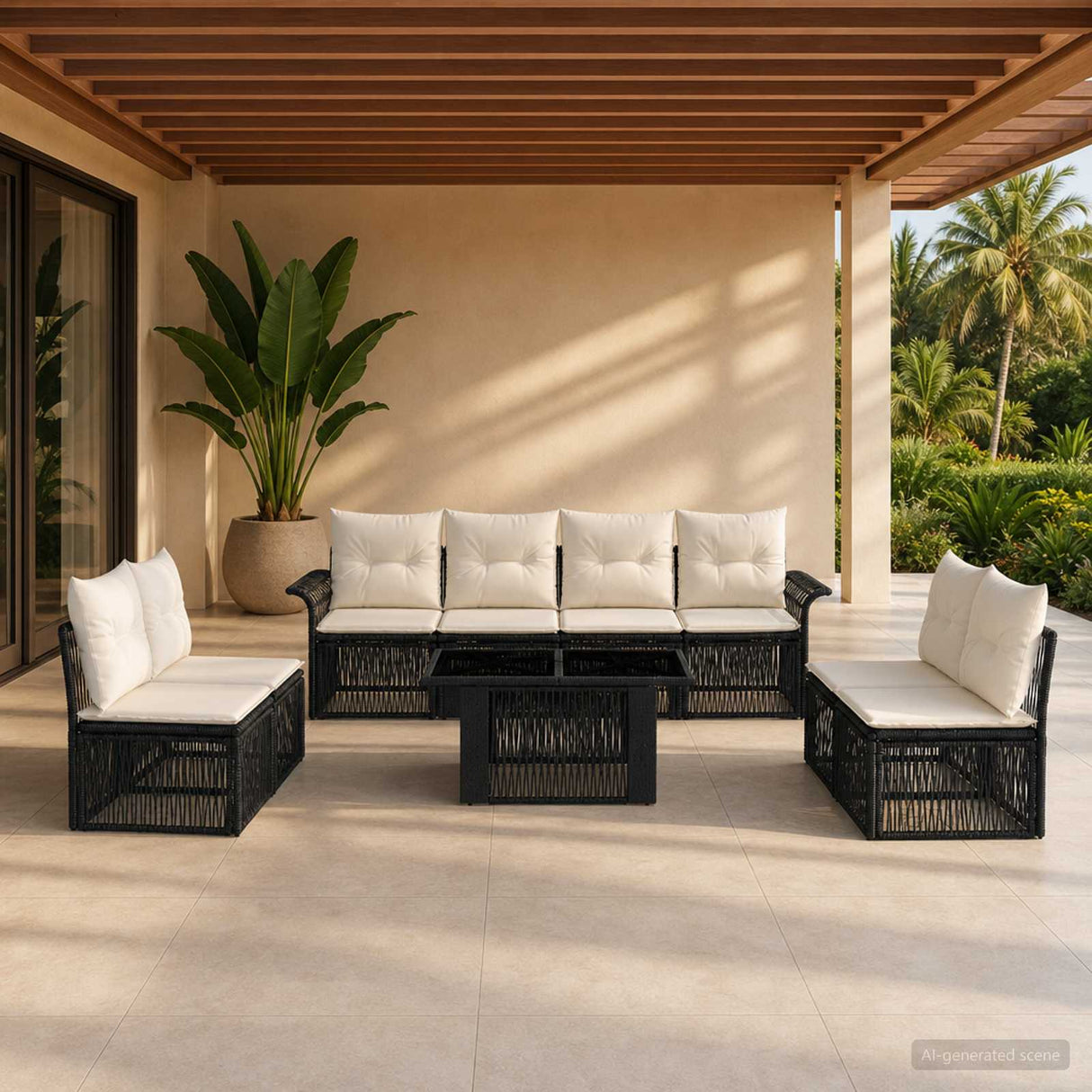vidaXL Tuinbank Set 9 st Zwart en Crème Wit poly rattan