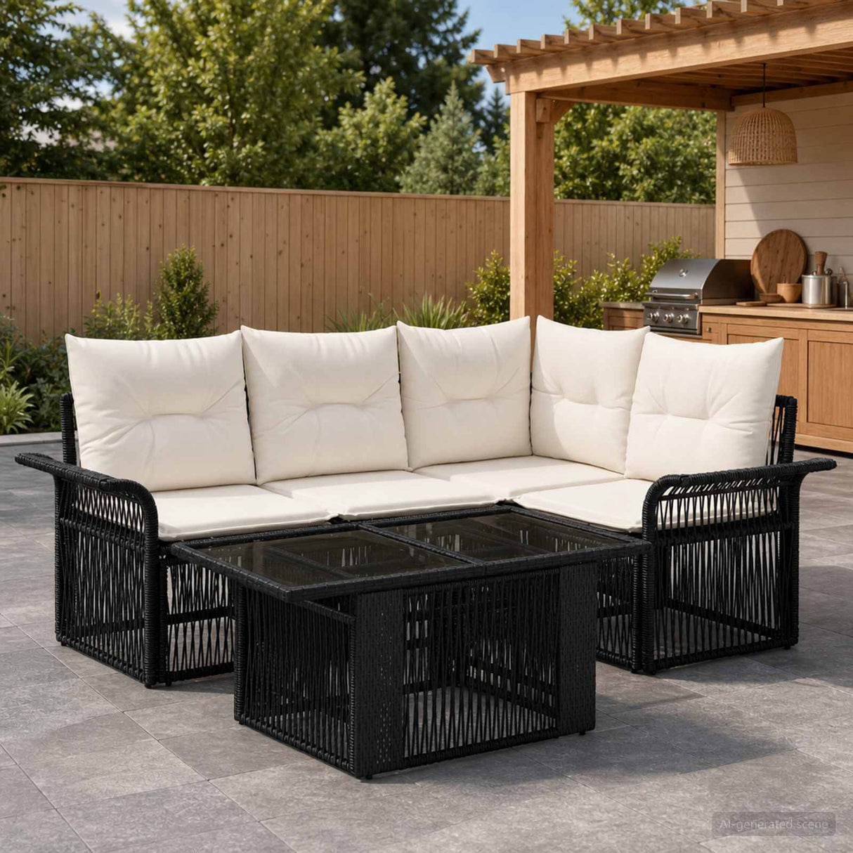 vidaXL Tuinbank Set 5 st Zwart en Crème Wit poly rattan