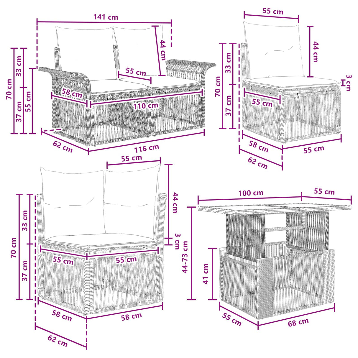 vidaXL Tuinbank Set 5 st Zwart en Crème Wit poly rattan