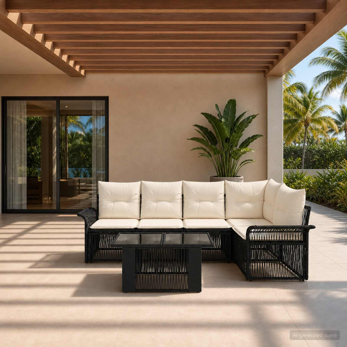 vidaXL Tuinbank Set 6 st Zwart en Crème Wit poly rattan