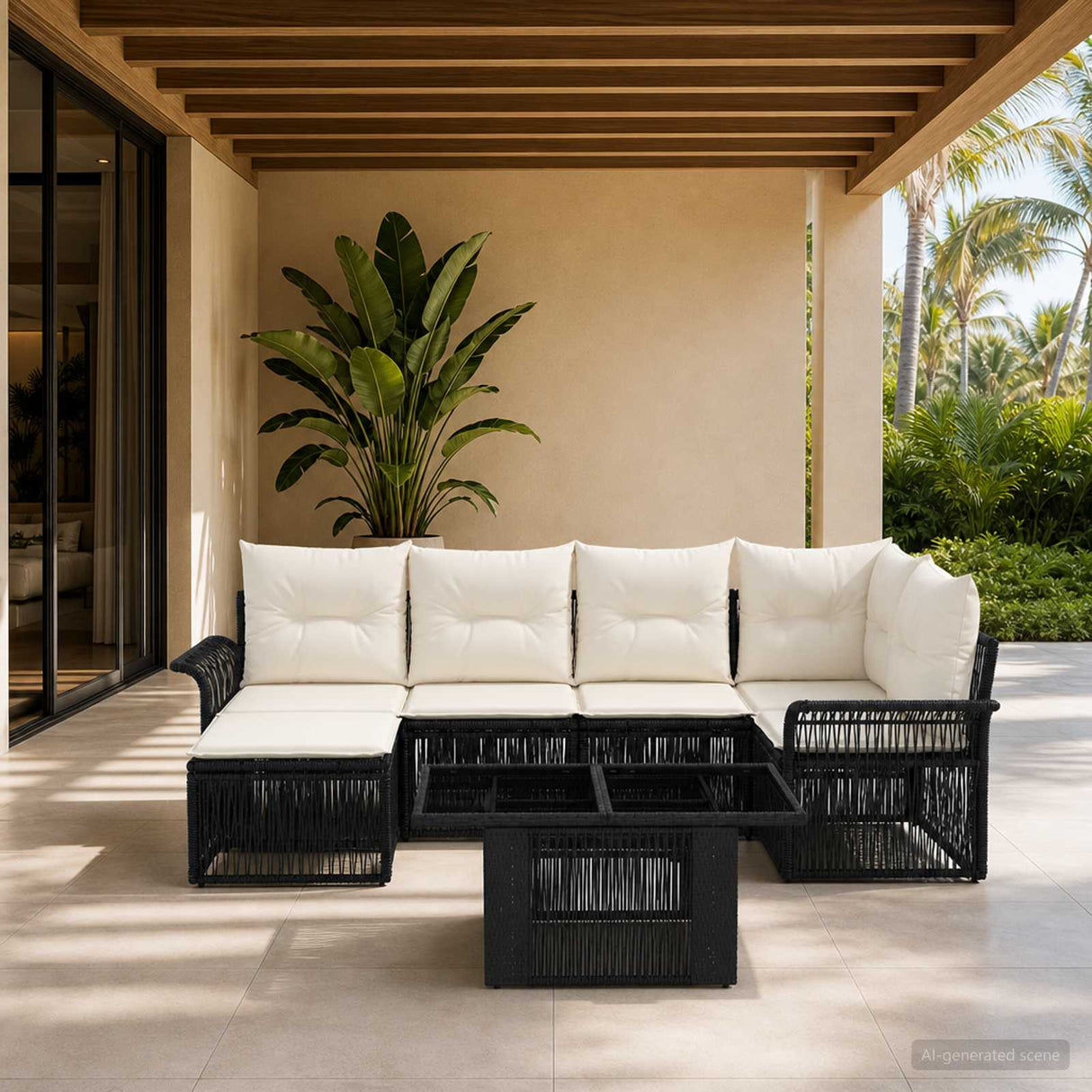 vidaXL Garden Bench Set 7 pcs Black and Cream White poly rattan