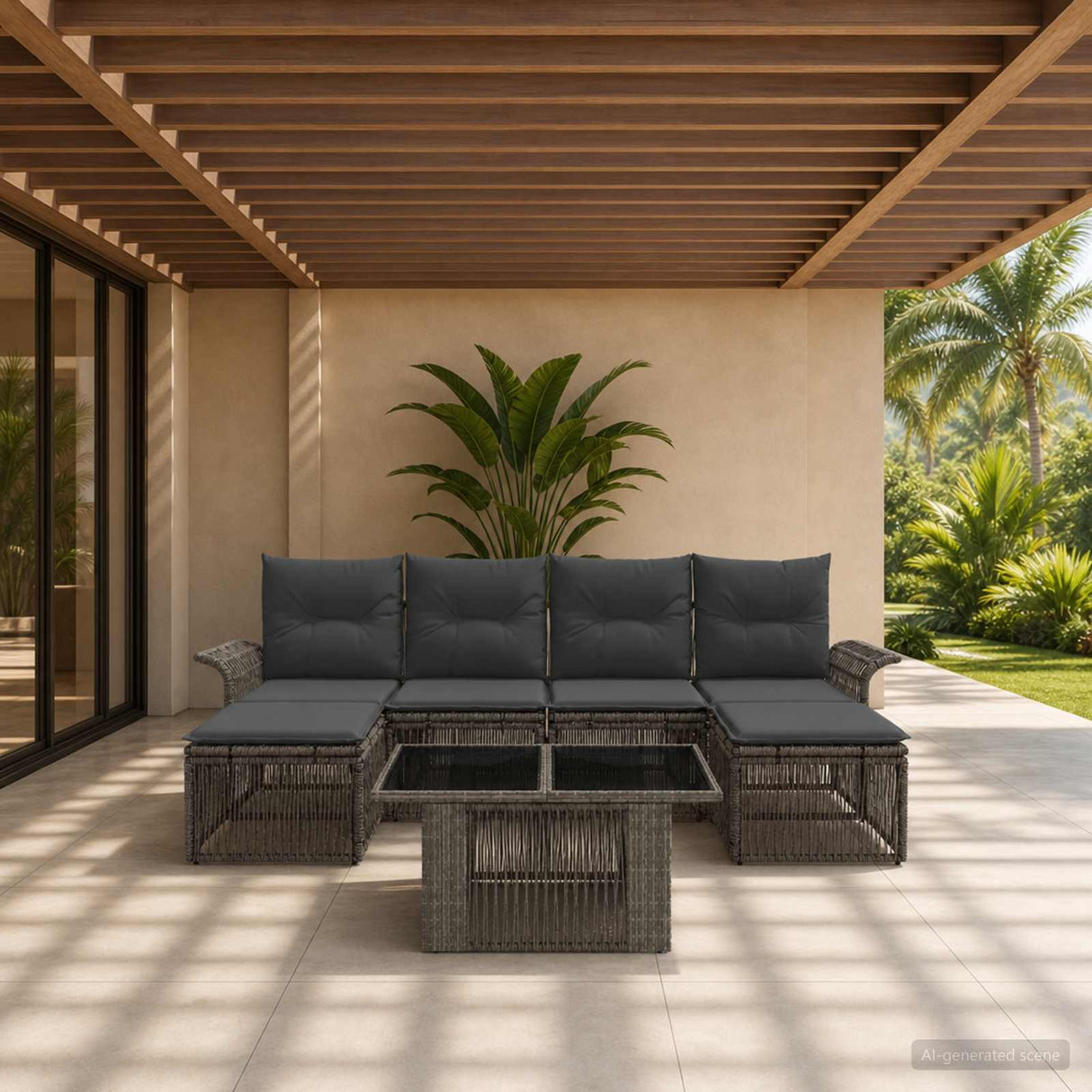 vidaXL Tuinbank Set 7 st Zwart en Crème Wit poly rattan