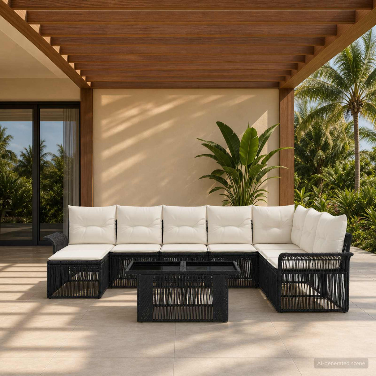 vidaXL Tuinbank Set 9 st Zwart en Crème Wit poly rattan