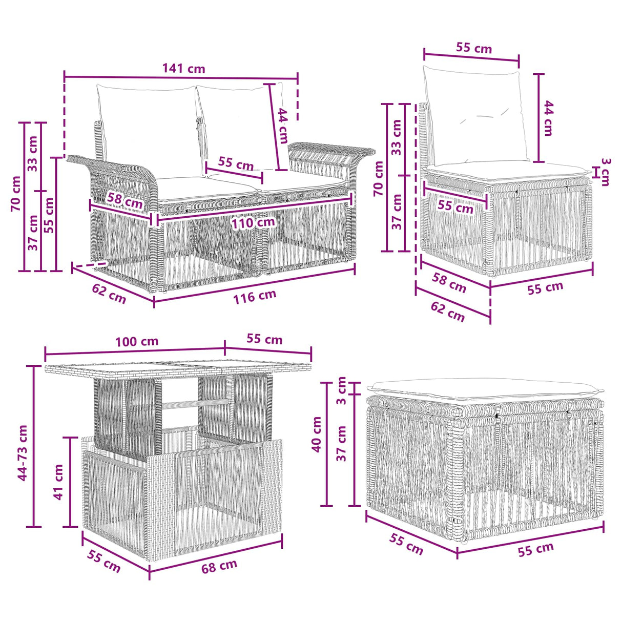 vidaXL Tuinbank Set 10 st Zwart en Crème Wit poly rattan