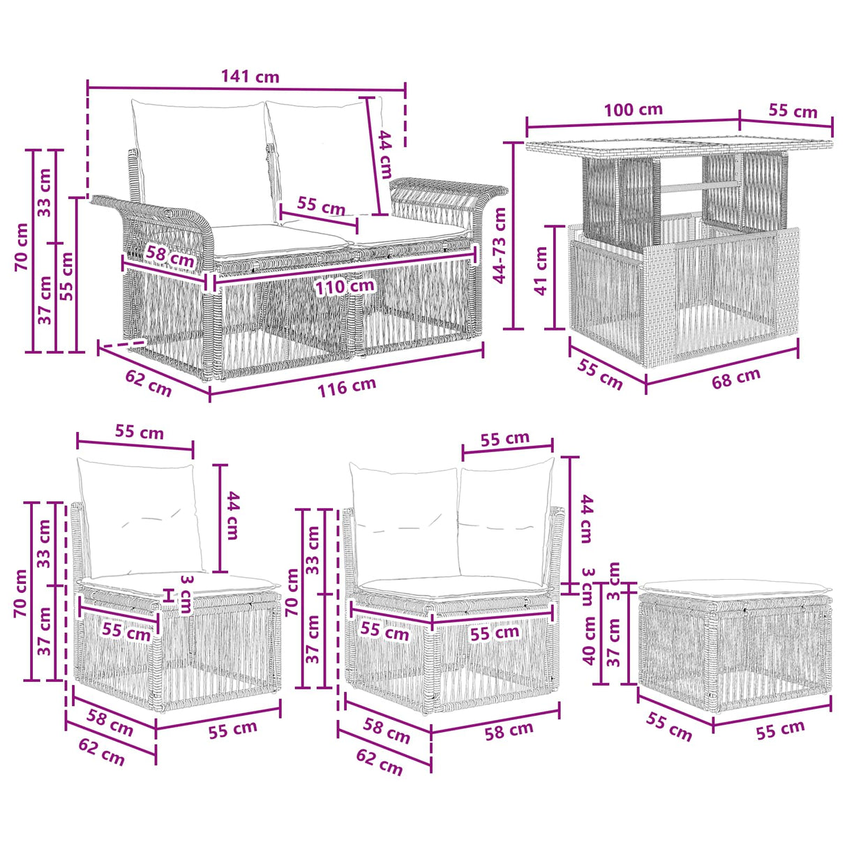 vidaXL Tuinbank Set 10 st Zwart en Crème Wit poly rattan