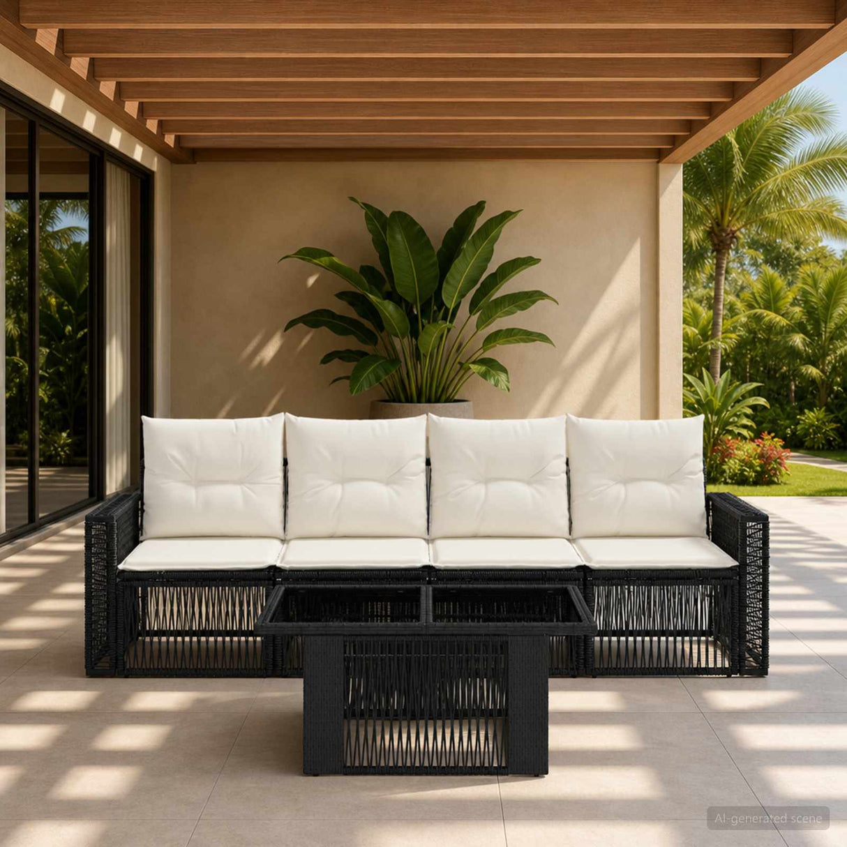 vidaXL Tuinbank Set 5 st Zwart en Crème Wit poly rattan
