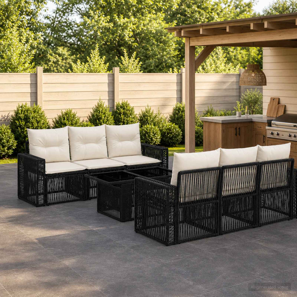 vidaXL Garden Sofa Set 7 pcs Black and Cream White Poly Rattan