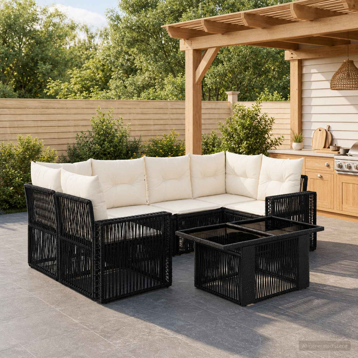 vidaXL Tuinbank Set 7 st Zwart en Crème Wit poly rattan