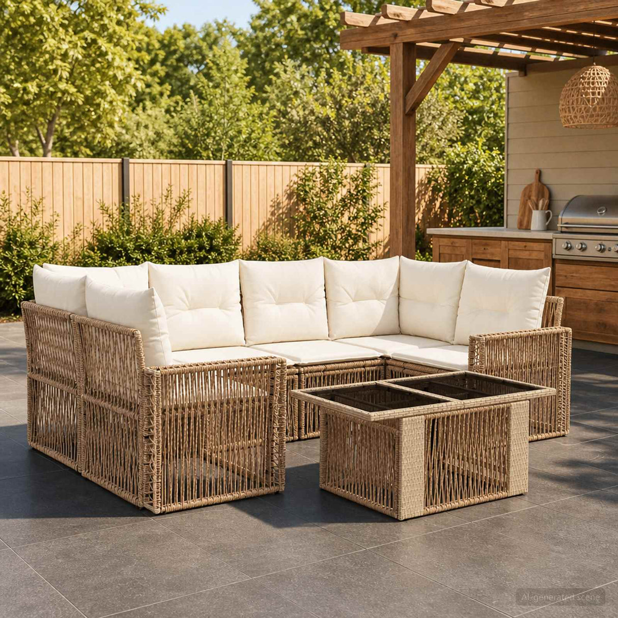 vidaXL Tuinbank Set 7 st Zwart en Crème Wit poly rattan