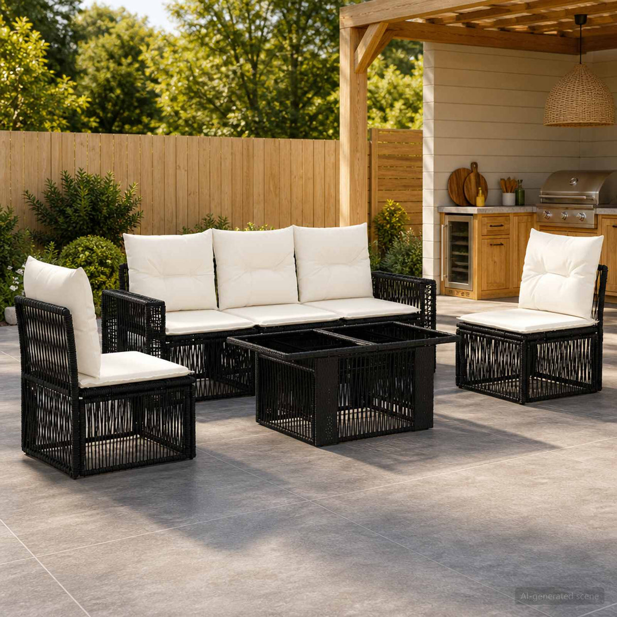 vidaXL Tuinbank Set 6 st Zwart en Crème Wit poly rattan