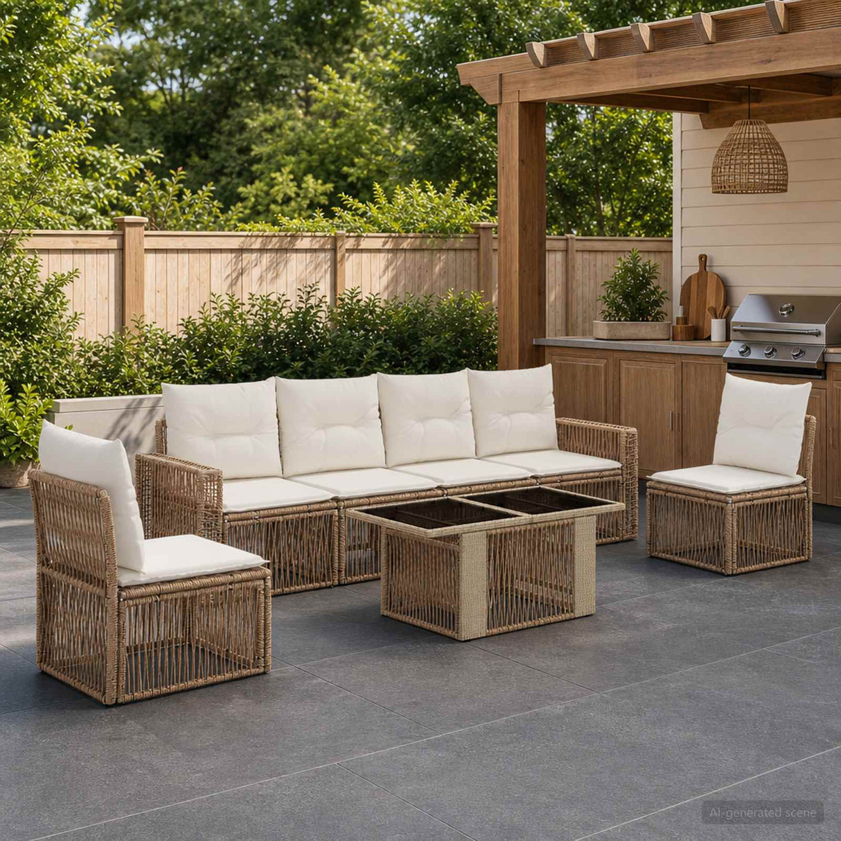 vidaXL Tuinbank Set 7 st Zwart en Crème Wit poly rattan