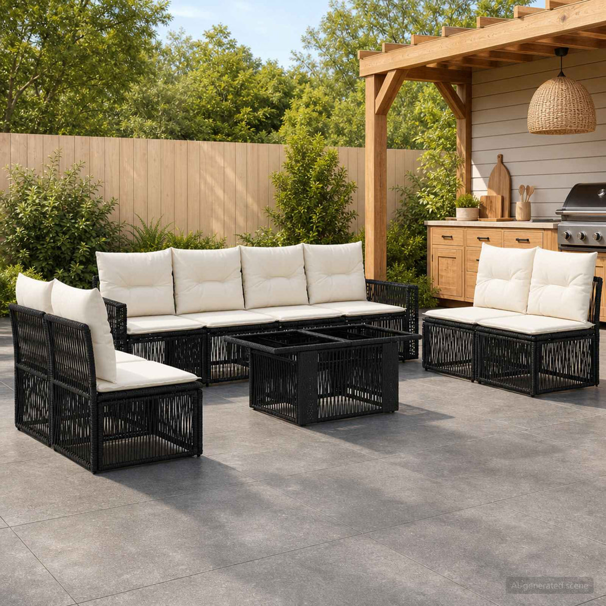 vidaXL Tuinbank Set 9 st Zwart en Crème Wit poly rattan