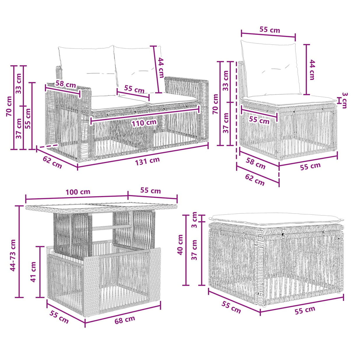 vidaXL Tuinbank Set 6 st Zwart en Crème Wit poly rattan