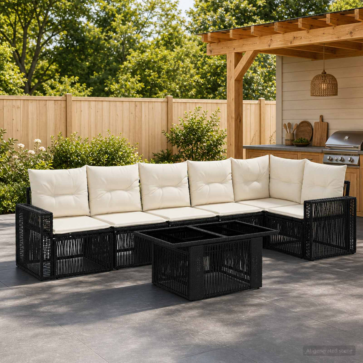 vidaXL Tuinbank Set 7 st 6-Aantal zitplaatsen Zwart en Crème Wit