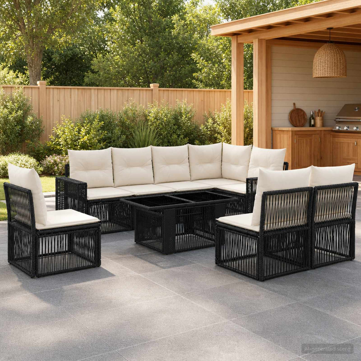 vidaXL Garden Bench Set 9 pcs Black and Cream White poly rattan