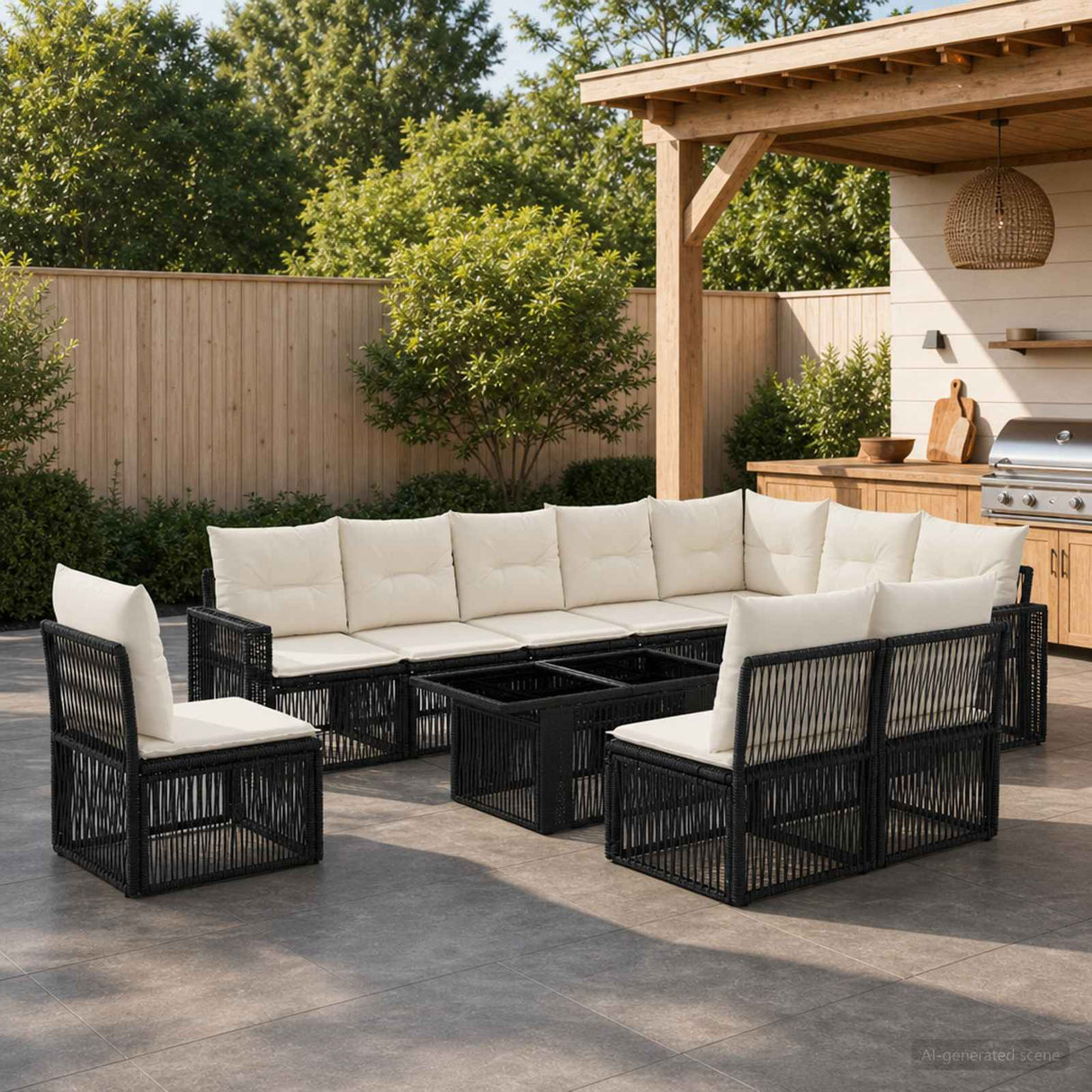 vidaXL Garden Lounge Set 11 Pieces Black and Cream White Poly Rattan