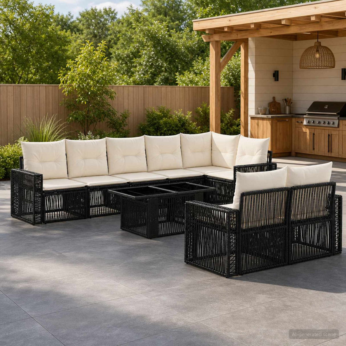 vidaXL Tuinbank Set 9 st Zwart en Crème Wit poly rattan