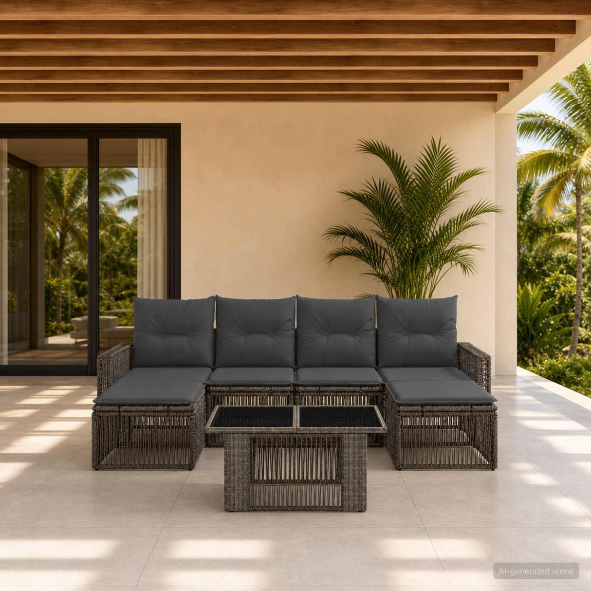 vidaXL Tuinbank Set 7 st Zwart en Crème Wit poly rattan