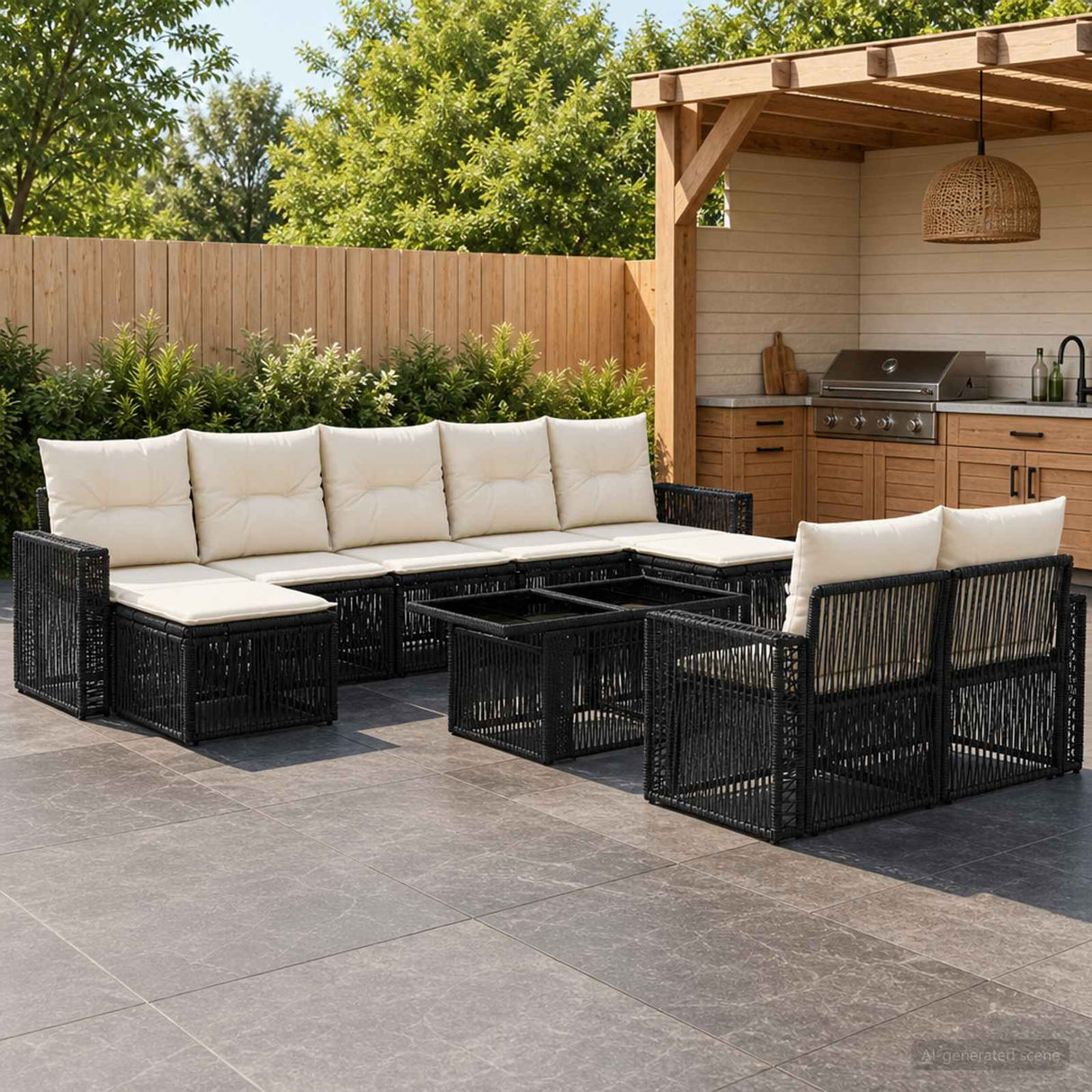vidaXL Tuinbank Set 10 st Zwart en Crème Wit poly rattan