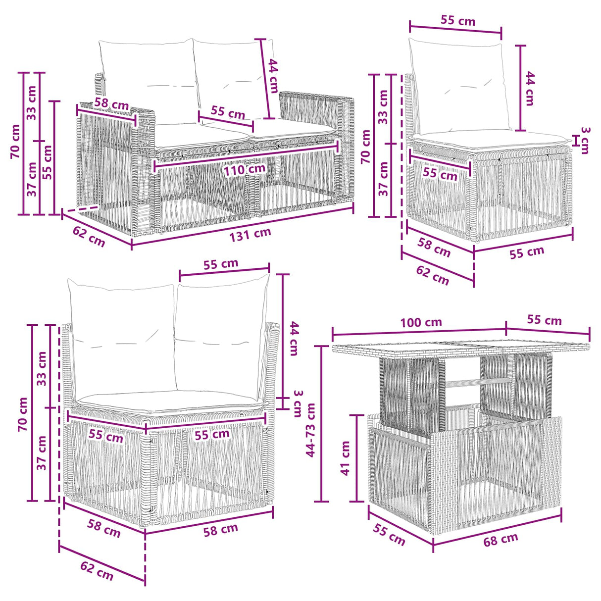 vidaXL Tuinbank Set 14 st Zwart en Crème Wit poly rattan