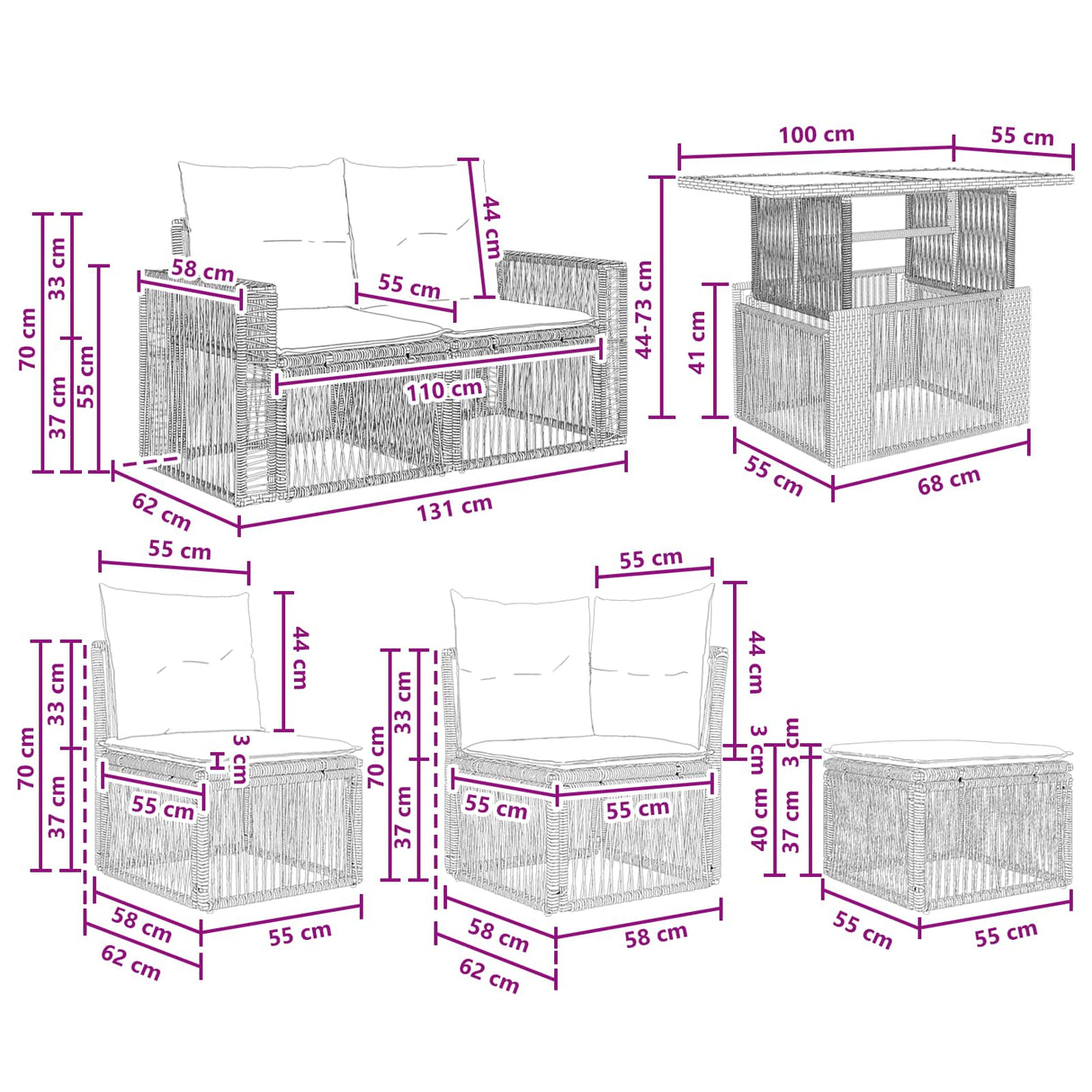 vidaXL Tuinbank Set 12 st Zwart en Crème Wit poly rattan