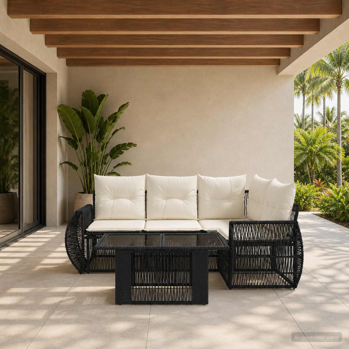 vidaXL Tuinbank Set 5 st Zwart en Crème Wit poly rattan