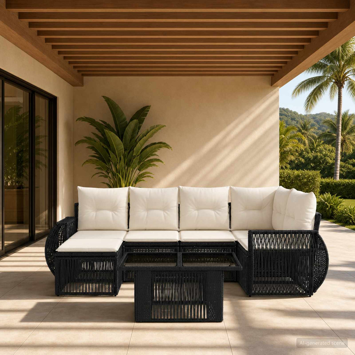 vidaXL Tuinbank Set 7 st Zwart en Crème Wit poly rattan