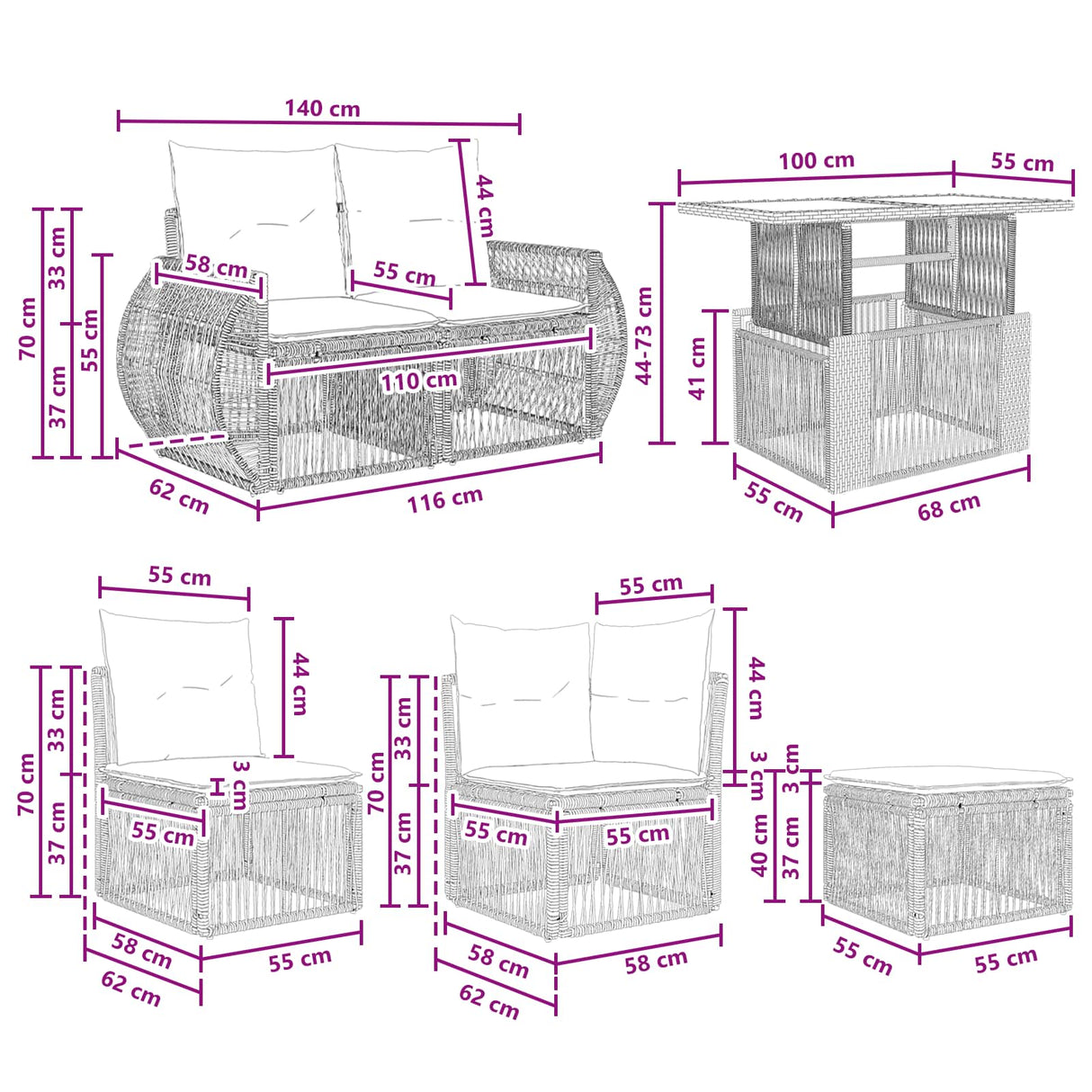 vidaXL Tuinbank Set 7 st Zwart en Crème Wit poly rattan