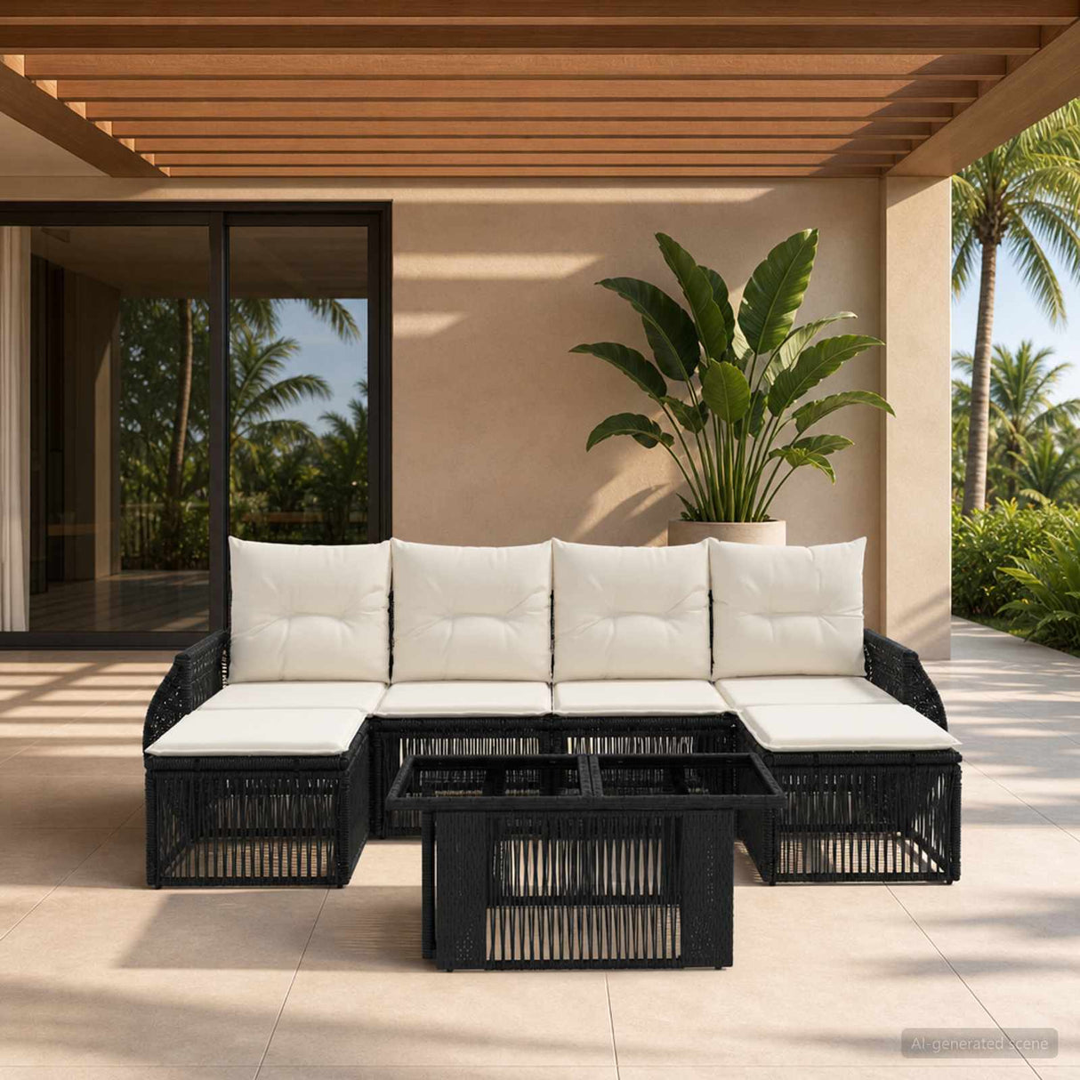 vidaXL Tuinbank Set 7 st Zwart en Crème Wit poly rattan