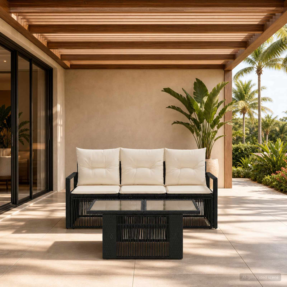vidaXL Tuinbank Set 4 st Zwart en Crème Wit poly rattan