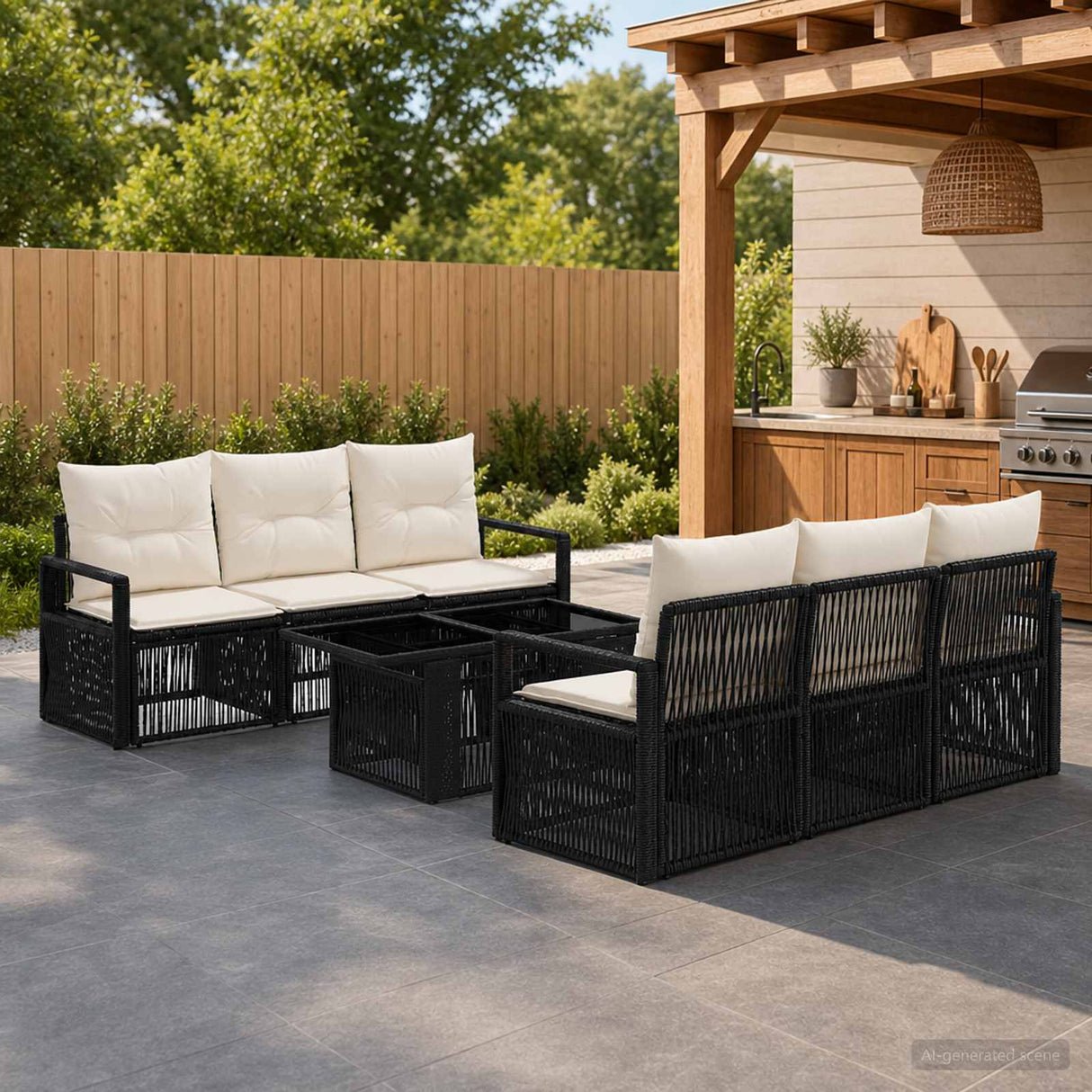 vidaXL Tuinbank Set 7 st Zwart en Crème Wit poly rattan