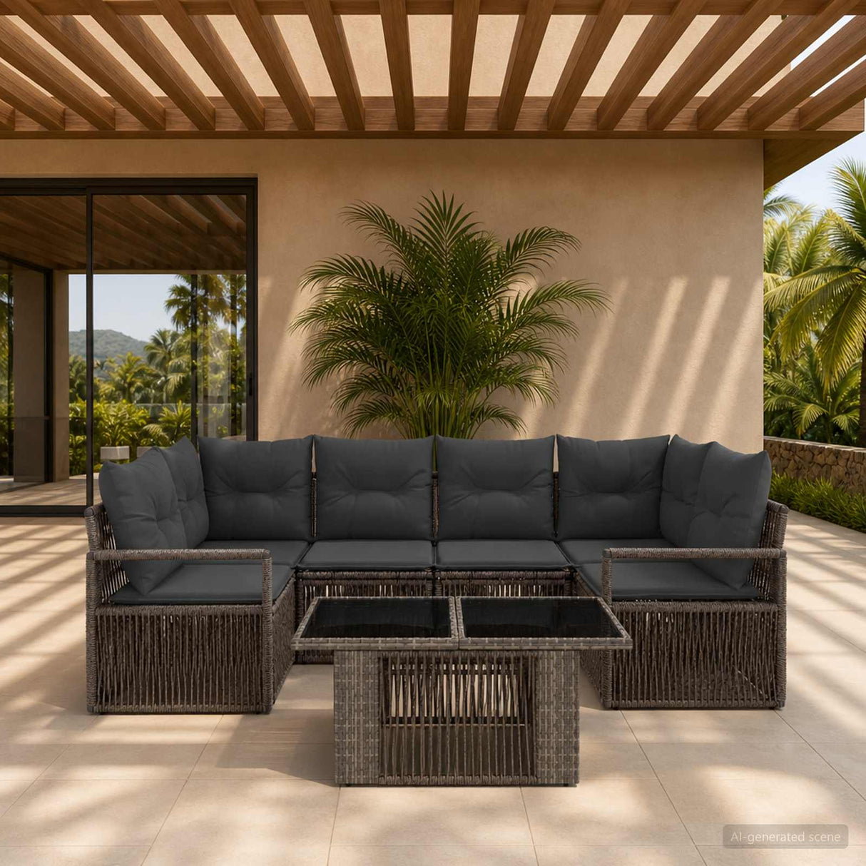 vidaXL Tuinbank Set 7 st Zwart en Crème Wit poly rattan