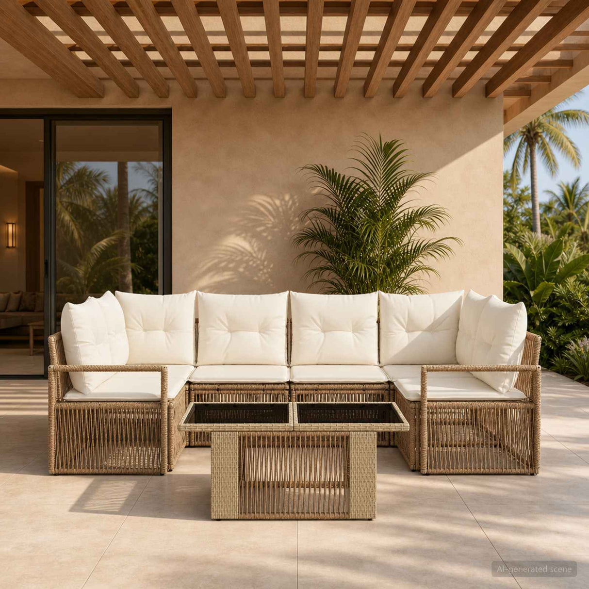 vidaXL Tuinbank Set 7 st Zwart en Crème Wit poly rattan