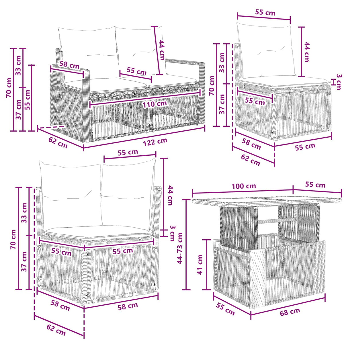 vidaXL Tuinbank Set 9 st Zwart en Crème Wit poly rattan