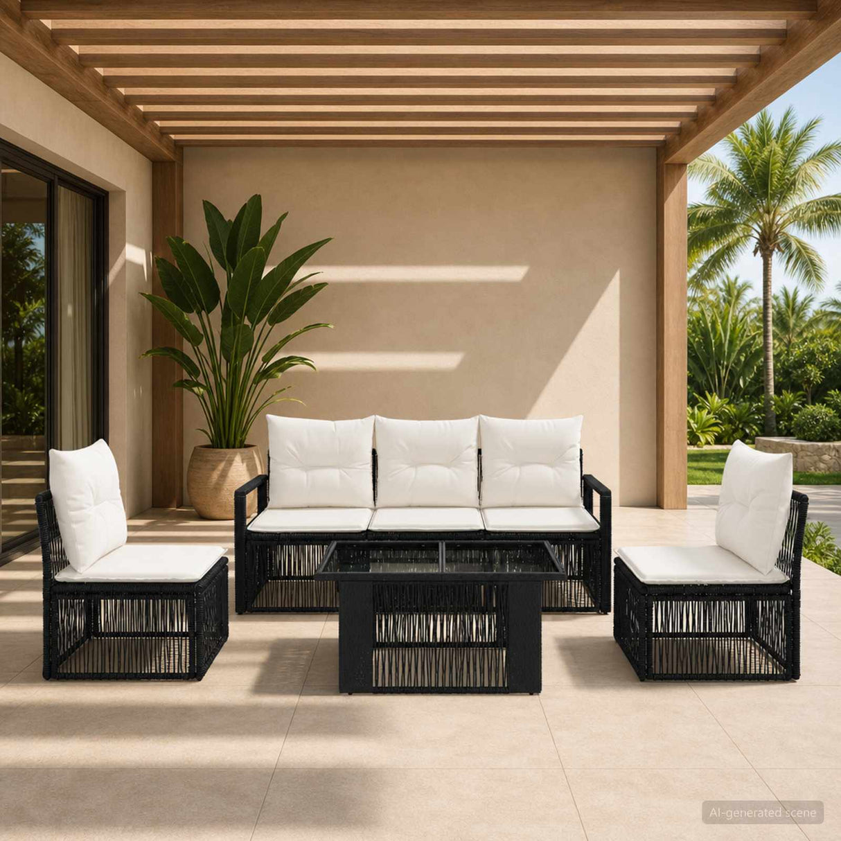 vidaXL Tuinbank Set 6 st Zwart en Crème Wit poly rattan