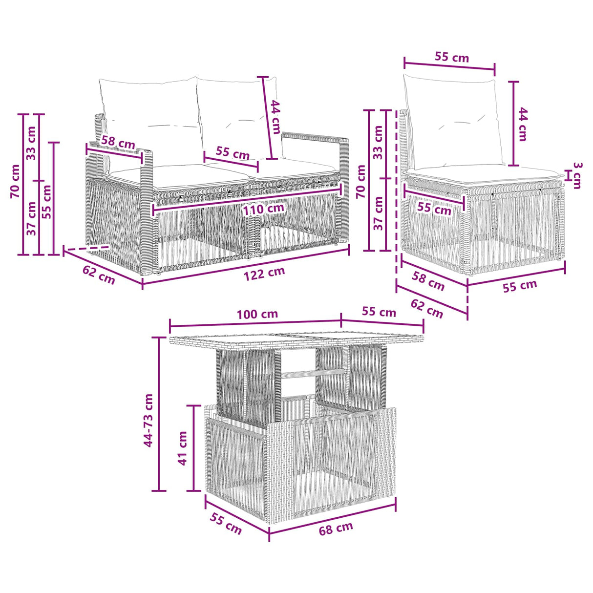 vidaXL Tuinbank Set 7 st Zwart en Crème Wit poly rattan