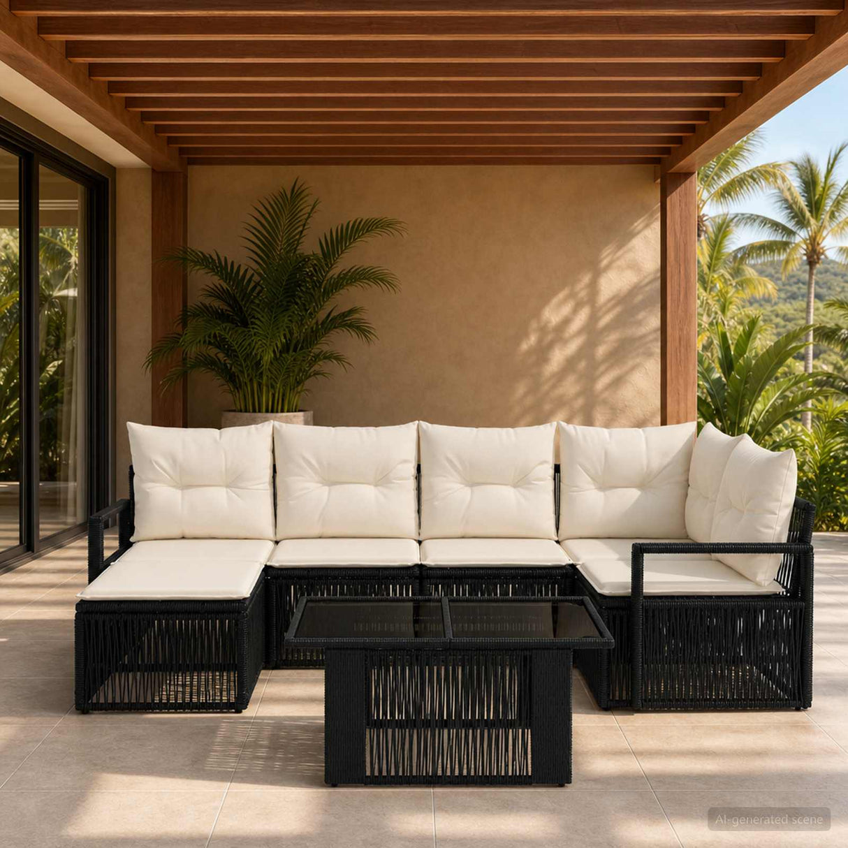 vidaXL Tuinbank Set 7 st Zwart en Crème Wit poly rattan
