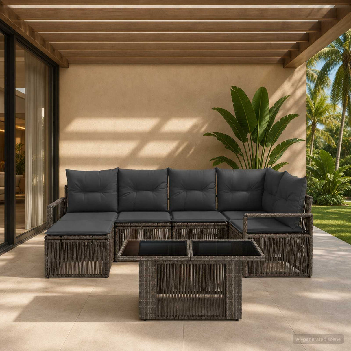 vidaXL Tuinbank Set 7 st Zwart en Crème Wit poly rattan