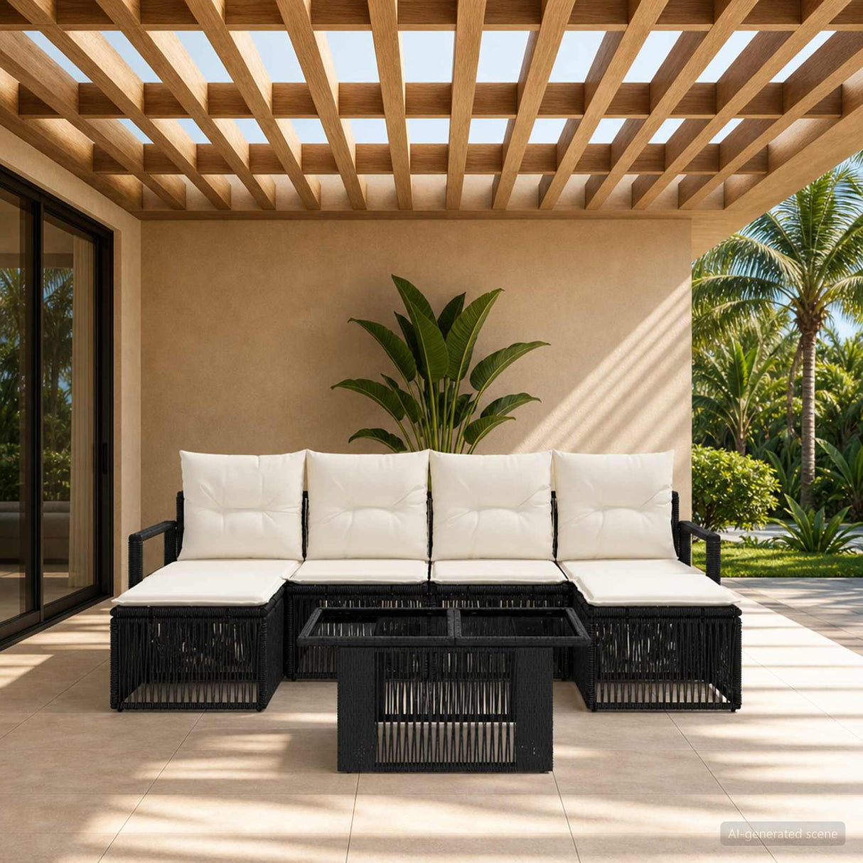 vidaXL Tuinbank Set 7 st Zwart en Crème Wit poly rattan