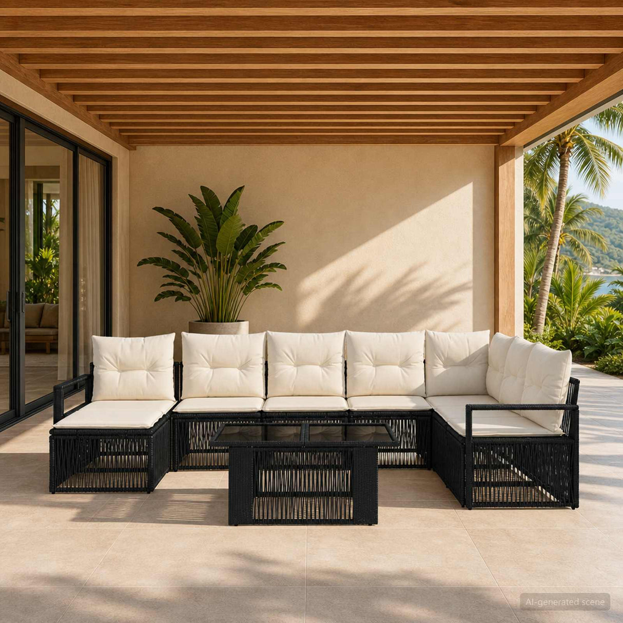 vidaXL Tuinbank Set 9 st Zwart en Crème Wit poly rattan
